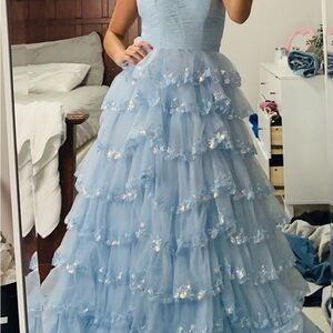 Elegant Light Blue Ruffle Strapless Tiered Gown